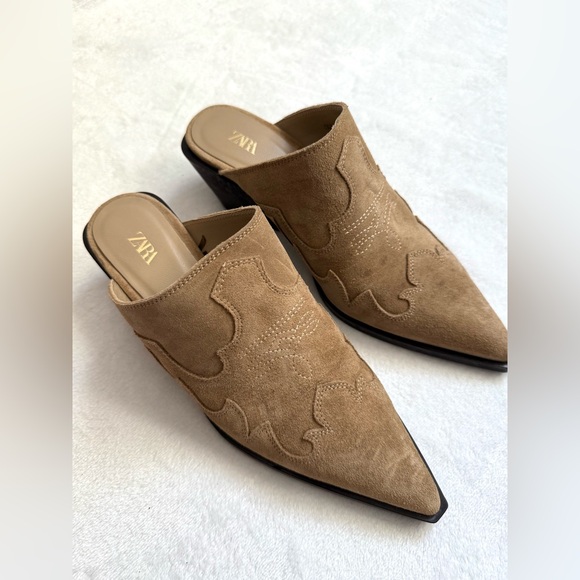 Zara Camel Suede Embroidered Mules - Picture 1 of 8